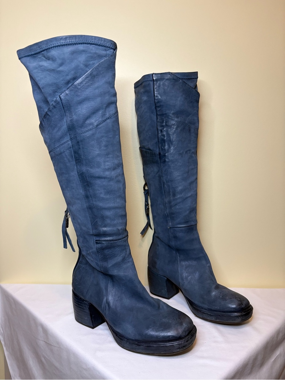 A.S.98 Navy Leather Over-the-Knee Block Heel Boots Size 37
